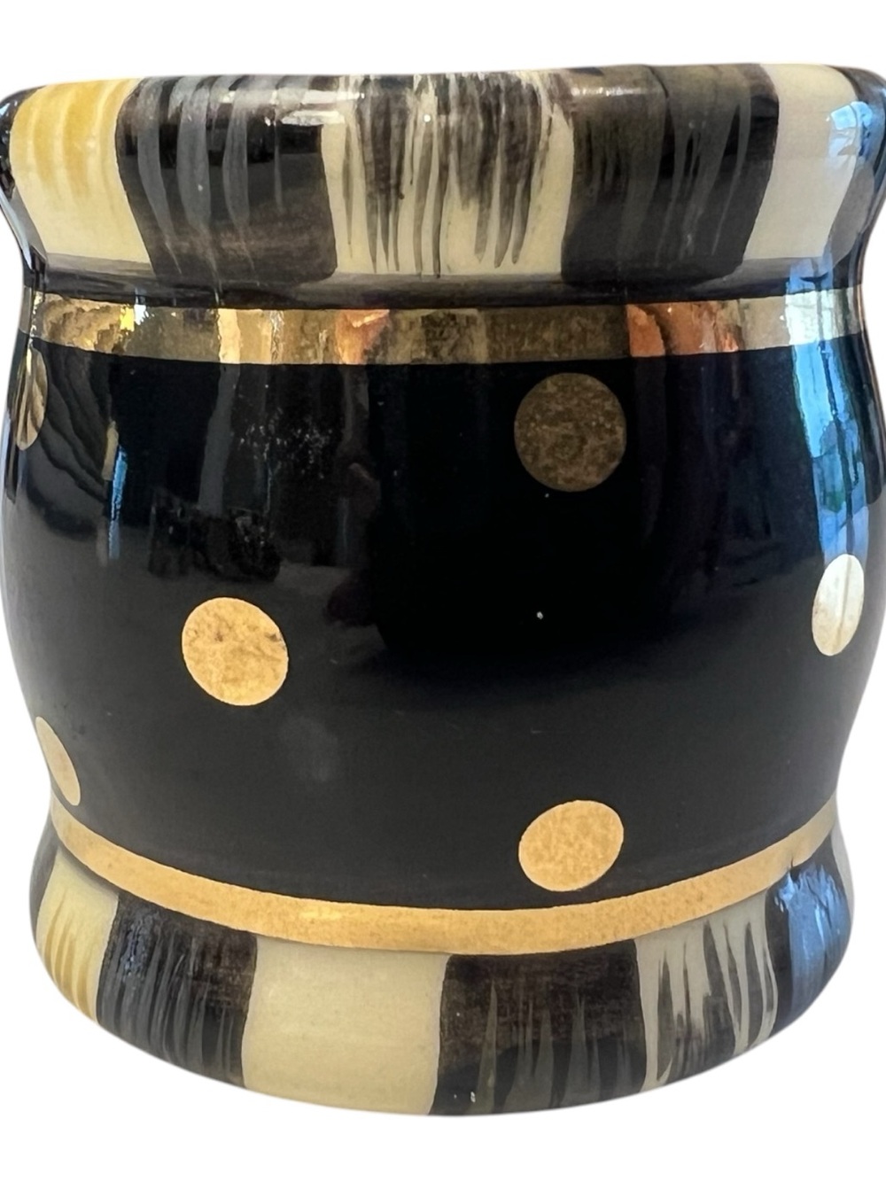 MacKenzie-Childs Black Tie Courtly Stripe Ceramic Napkin Rings Gold Dot Set Of 8